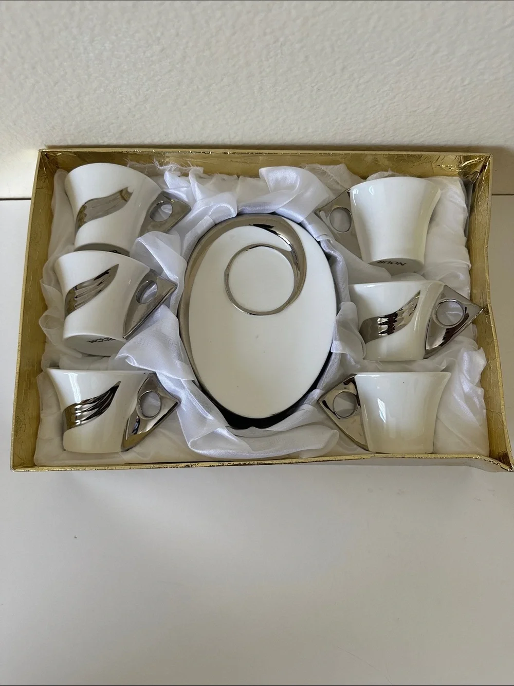 Nour White & Silver Ceramic Espresso Cup Set Of Six Cups With Saucers